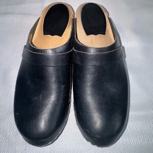 Swedish Hasbeens Black Leather Wood Clogs